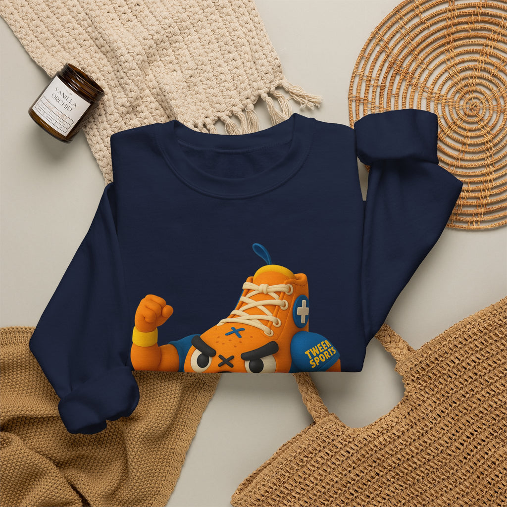 Tween Sports Mascot Crewneck Sweatshirt — Playful Orange Sneaker Graphic