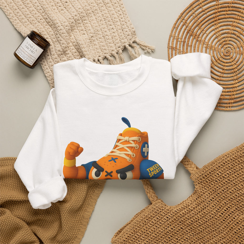 Tween Sports Mascot Crewneck Sweatshirt — Playful Orange Sneaker Graphic