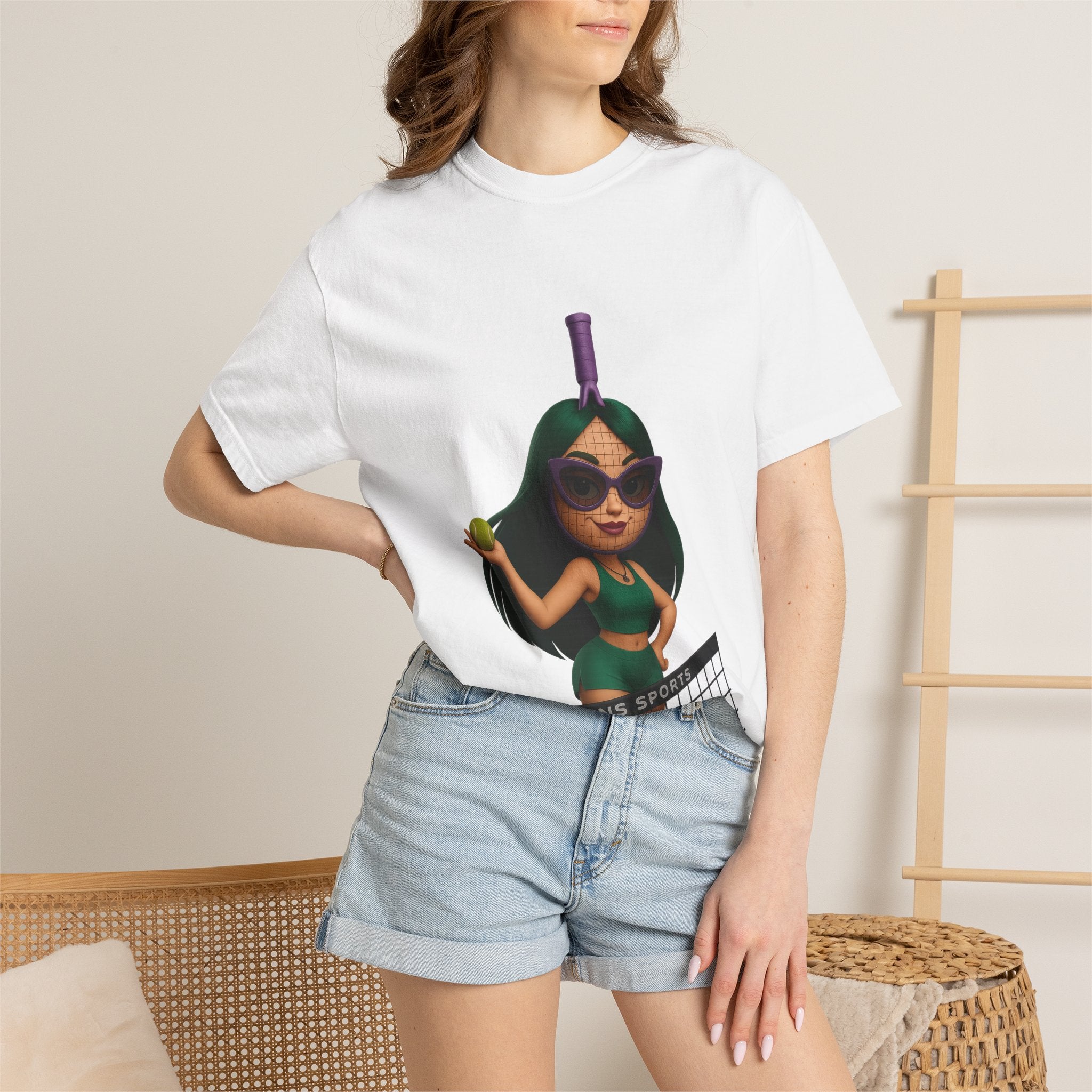 Tennis Girl Graphic T-Shirt — Cute Cartoon Female Player with Ball & Net