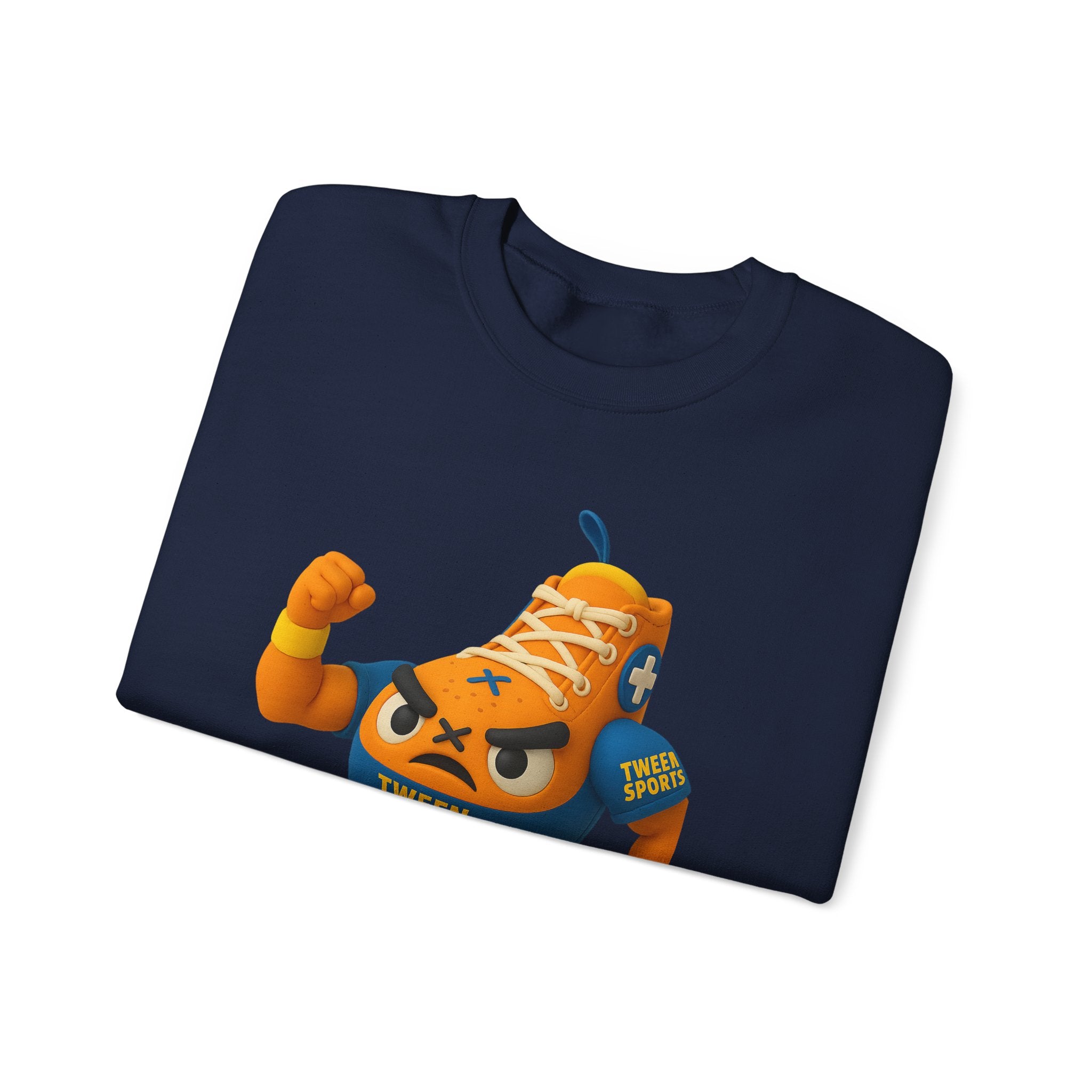 Tween Sports Mascot Crewneck Sweatshirt — Playful Orange Sneaker Graphic