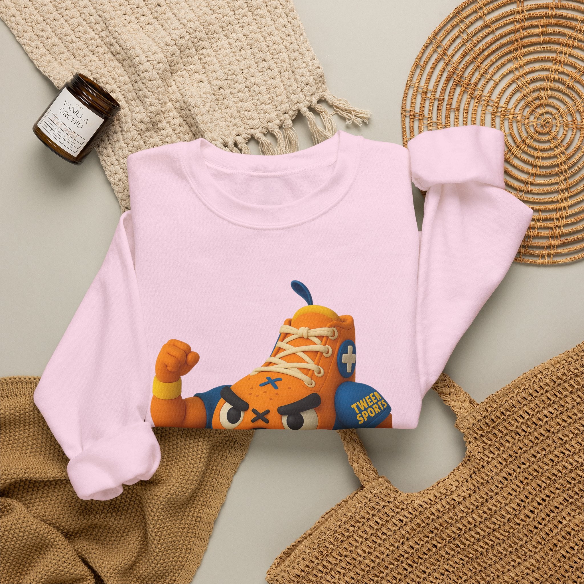 Tween Sports Mascot Crewneck Sweatshirt — Playful Orange Sneaker Graphic