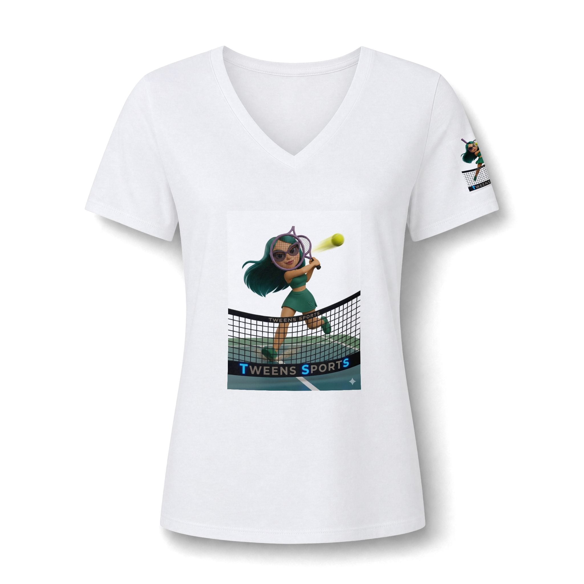Tween Tennis V‑Neck Tee — Girls' Cute Tennis Player Graphic Shirt