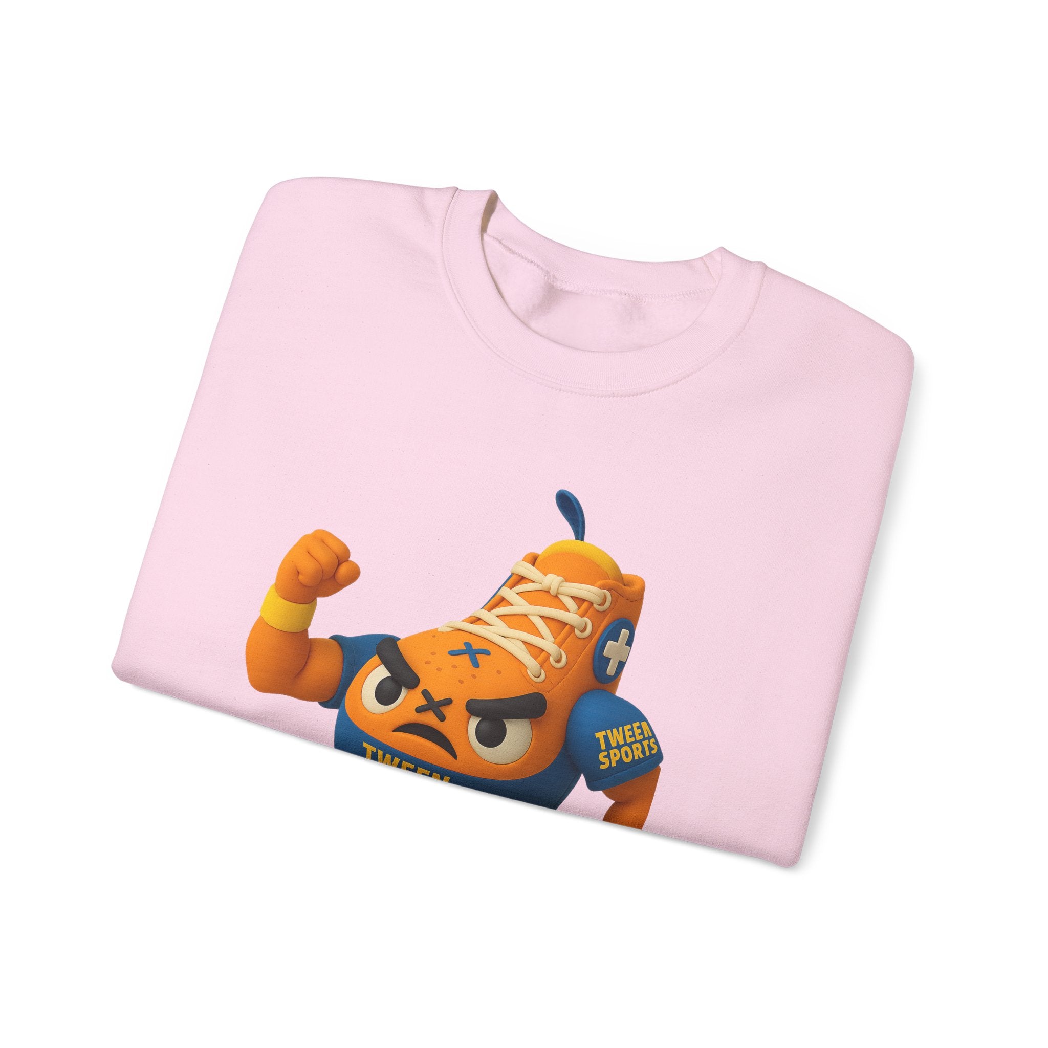 Tween Sports Mascot Crewneck Sweatshirt — Playful Orange Sneaker Graphic