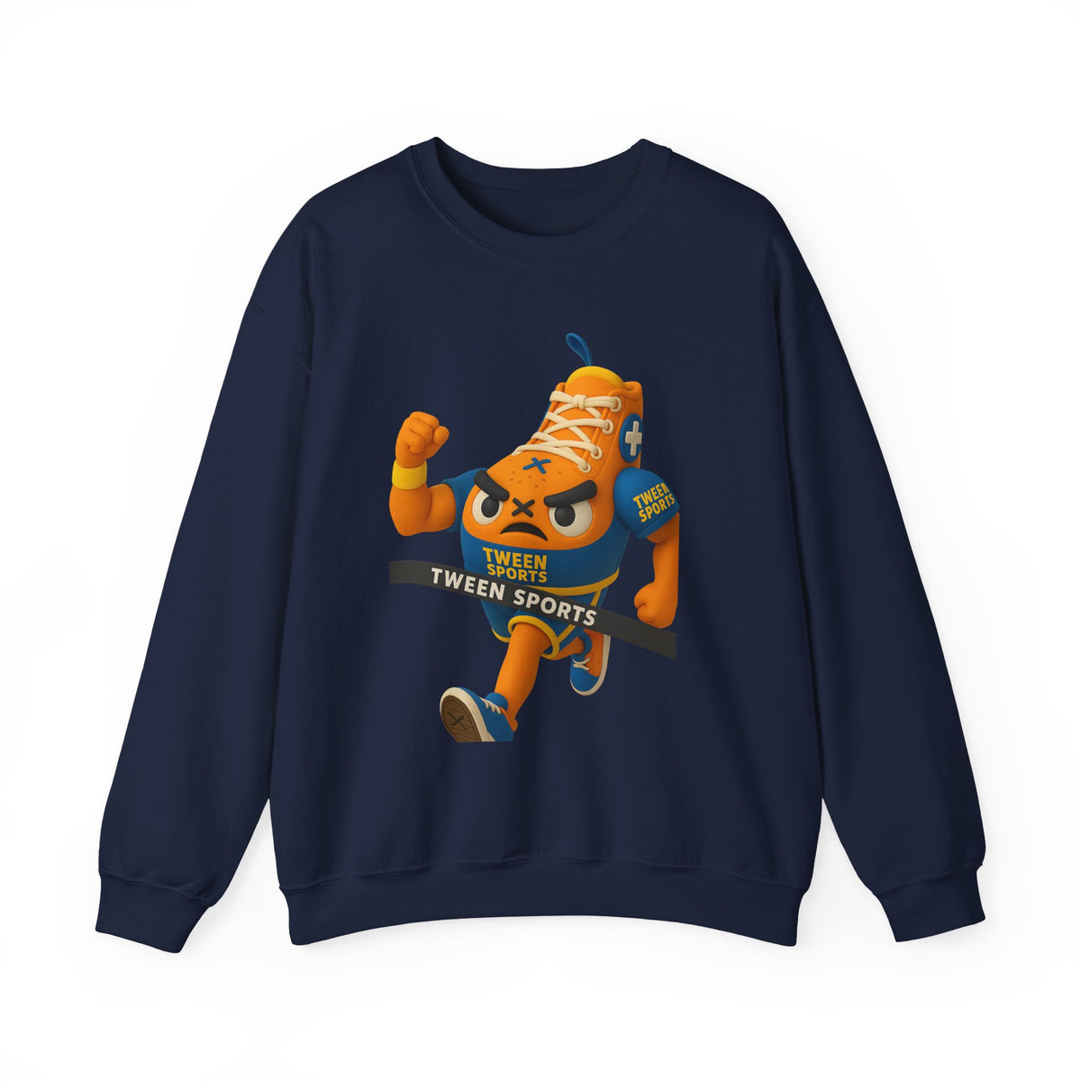 Tween Sports Mascot Crewneck Sweatshirt — Playful Orange Sneaker Graphic