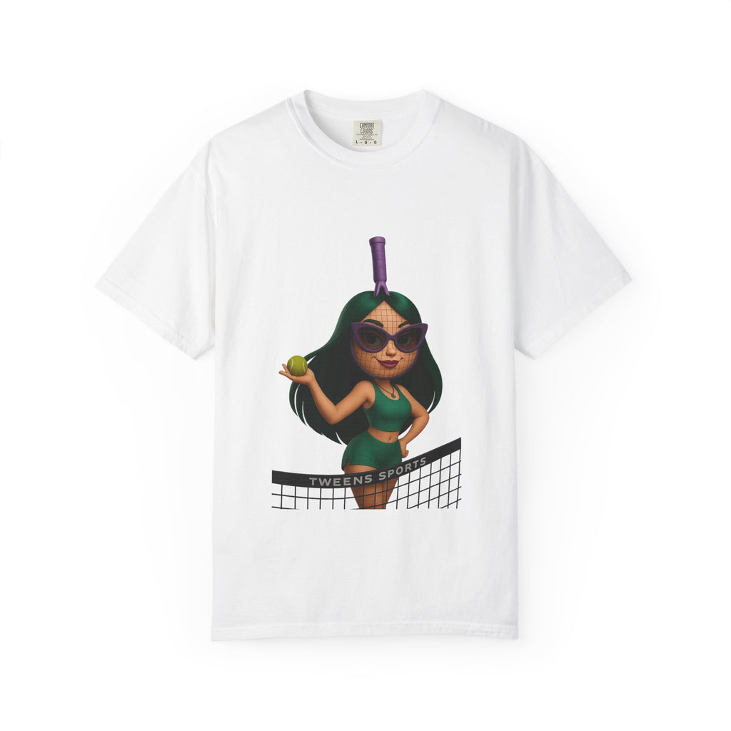 Tennis Girl Graphic T-Shirt — Cute Cartoon Female Player with Ball & Net