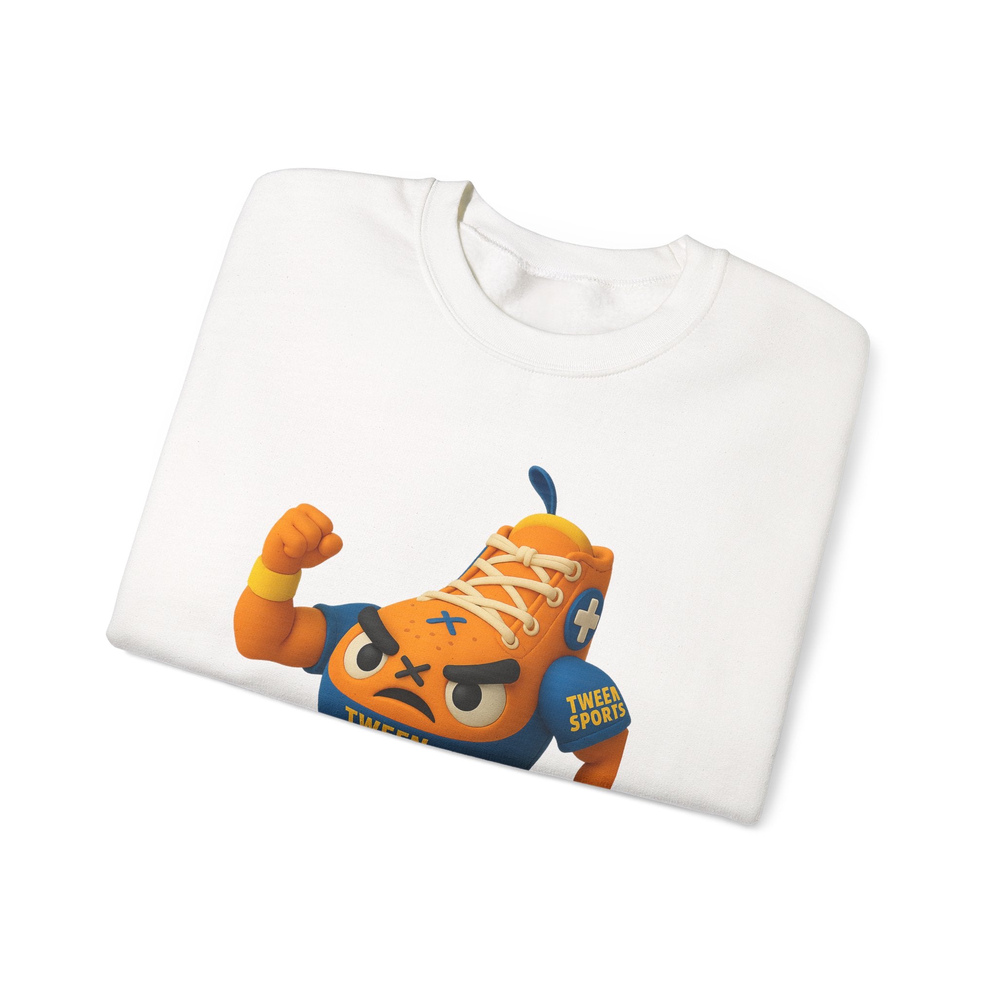 Tween Sports Mascot Crewneck Sweatshirt — Playful Orange Sneaker Graphic