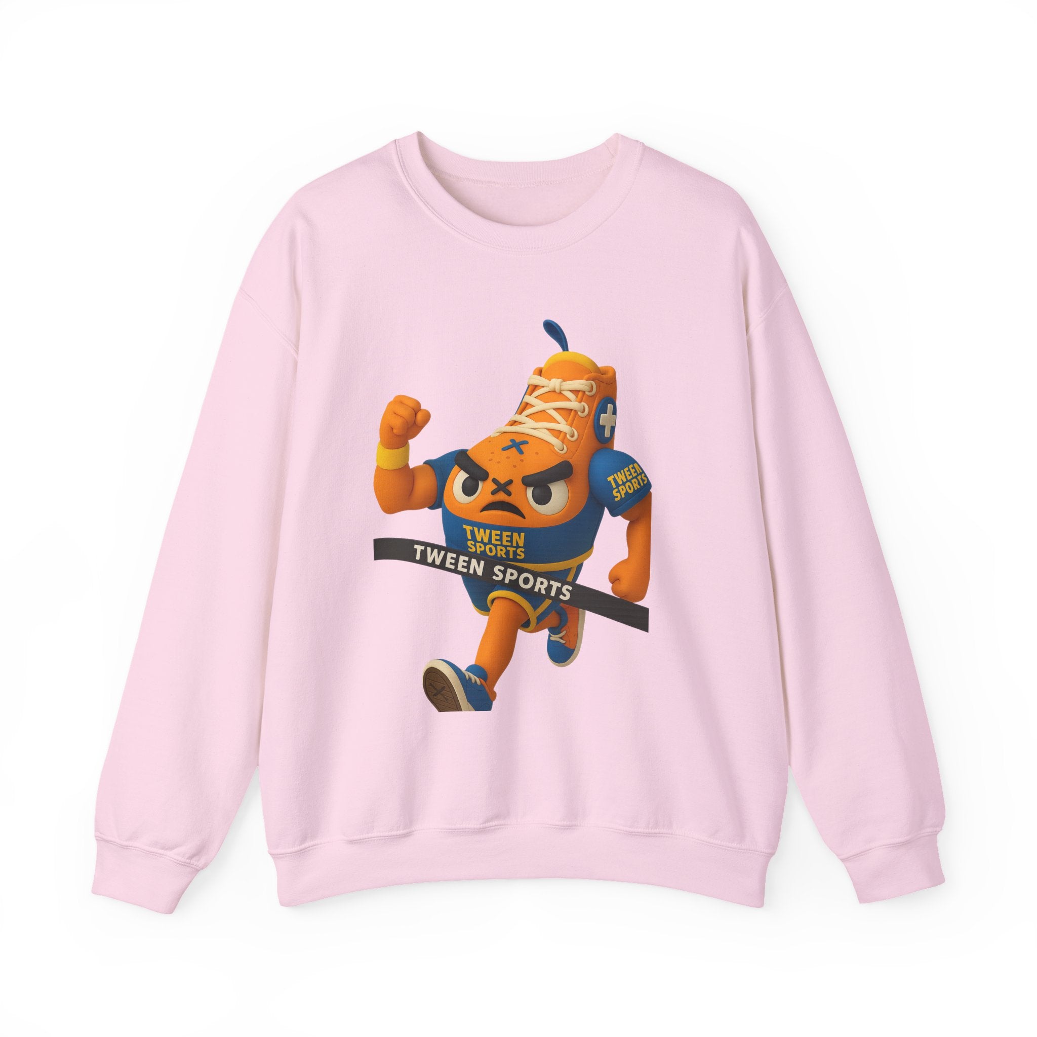 Tween Sports Mascot Crewneck Sweatshirt — Playful Orange Sneaker Graphic