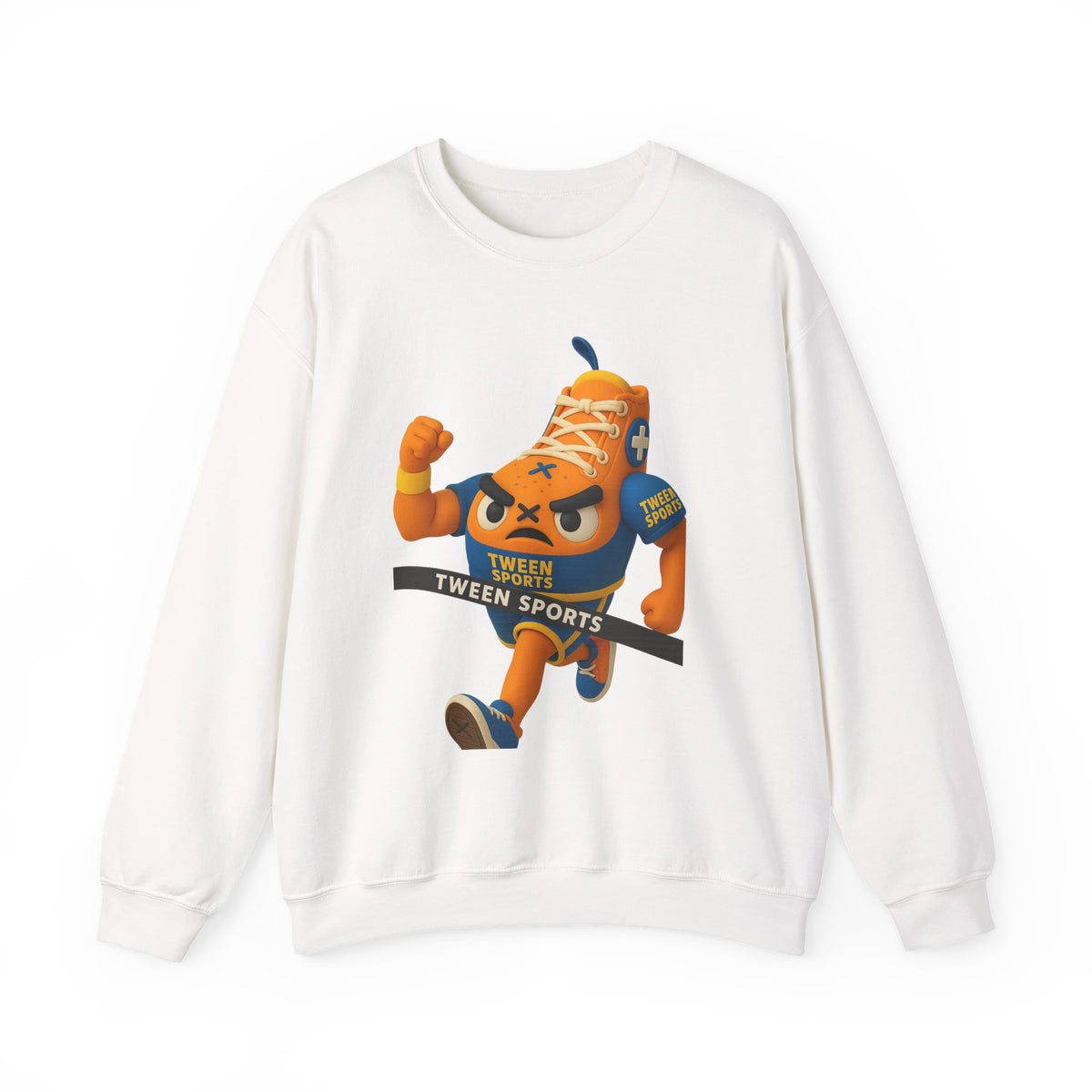Tween Sports Mascot Crewneck Sweatshirt — Playful Orange Sneaker Graphic
