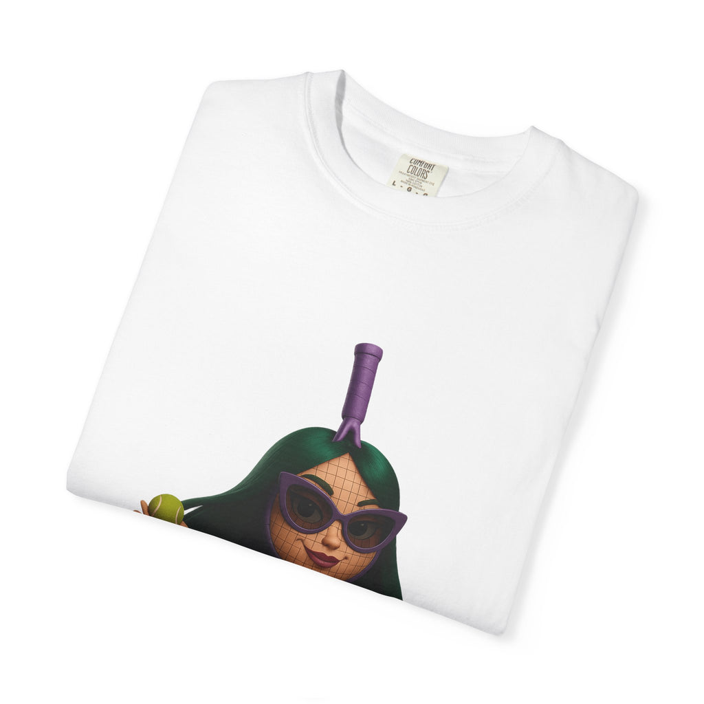 Tennis Girl Graphic T-Shirt — Cute Cartoon Female Player with Ball & Net