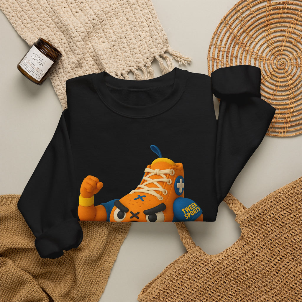 Tween Sports Mascot Crewneck Sweatshirt — Playful Orange Sneaker Graphic